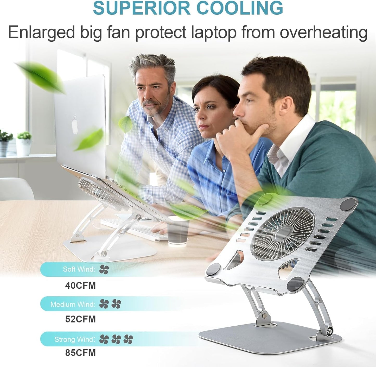 SHUWEI 360° Rotating Laptop Cooling Stand with 3 Speed Fan, Adjustable Height Laptop Stand for Desk, Ergonimic Aluminum Laptop Cooling Pad for 10-15'' Notebook - Silver