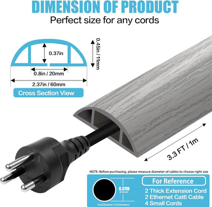 Floor Cord Cover Cavity 0.8"x0.37" Self Adhesive Cord Hider, 3.3FT Low Profile Cable Management, Extension Strip Protector for Wires, Prevent Cable Trips for Offices, Gyms, Exhibitions (Gray Wood