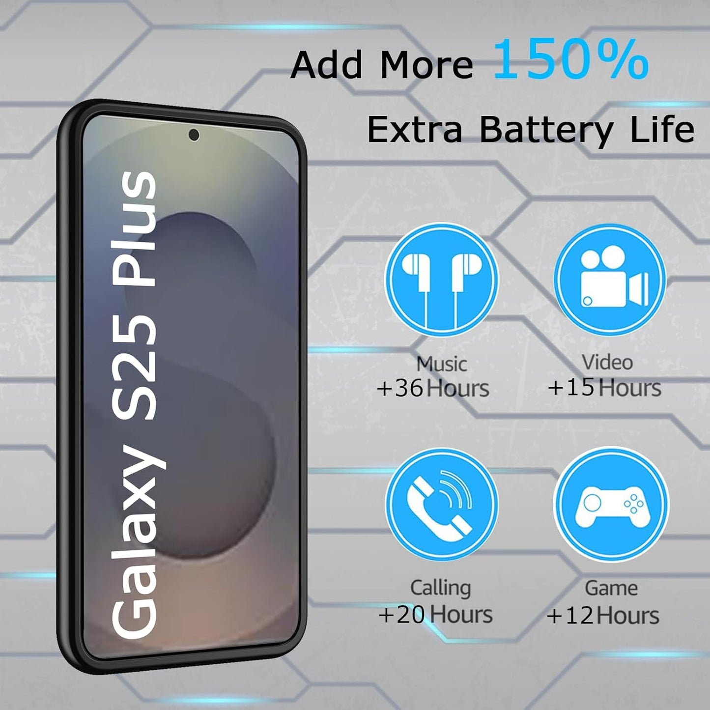 Battery Case for Galaxy S25 Plus, [12000mAh] Slim Portable Protective Fast Charging Case Backup Power Bank Battery Case Compatible with Galaxy S25 Plus-6.7 inch-Black