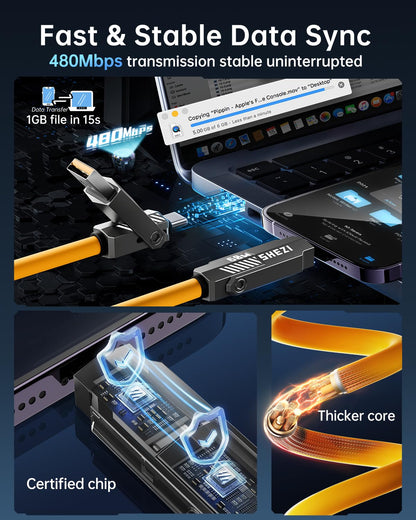 SHEZI Silicone 4 in 1 USB C Cable 60W 5FT Compatible with Lightning Cable, Fast Charging for iPhone/iPad Charger Cord [480Mbps Data Sync],Multi Charging Cable with Type C/USB A, Yellow