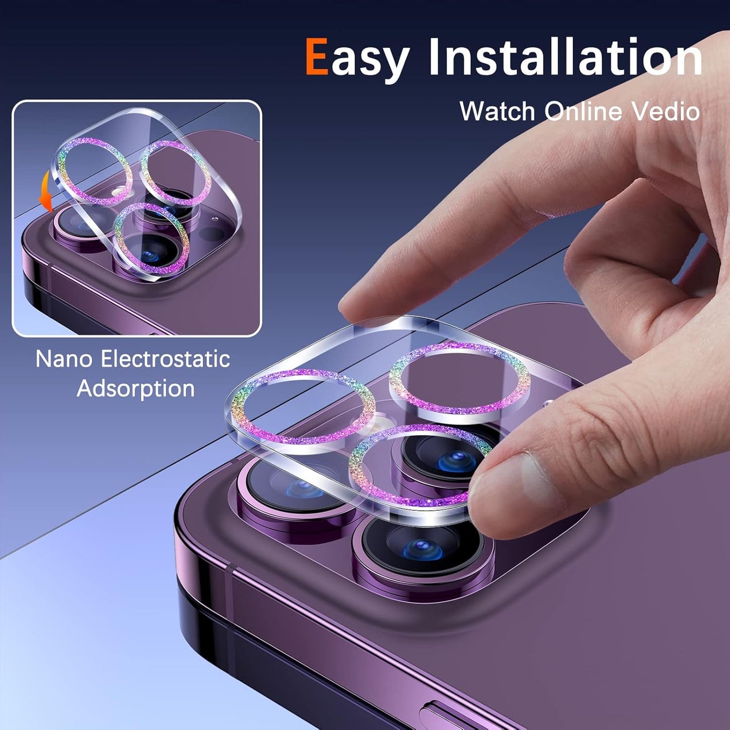 UniqueMe [3 Pack Compatible for iPhone 14 Pro Max/iPhone 14 Pro Camera Lens Protector Tempered Glass,[Case Friendly][Scratch-Resistant][Night Shooting Mode]-Glitter Colorful