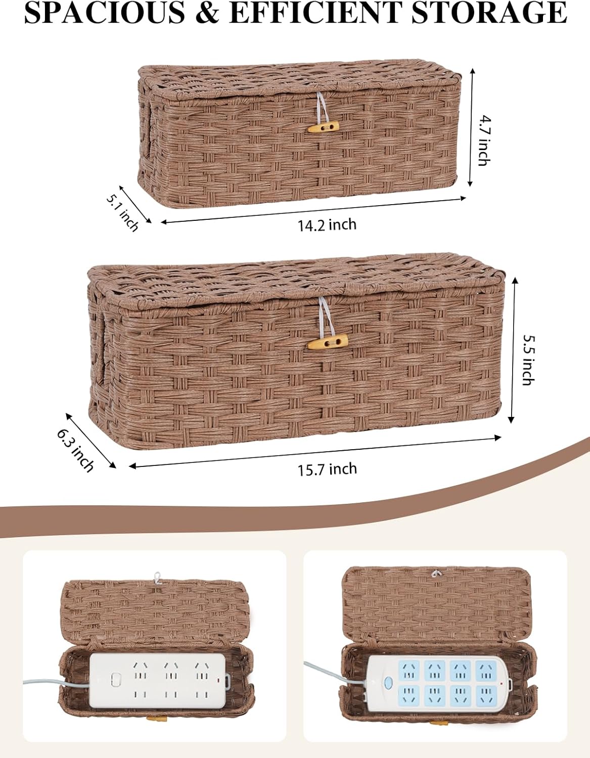 Temary Cable Management Box with Lids, 2-Pack Handmade Cable Organizer Boxes for Home, Office to Hide Cords and Power Strip, Cord Cover Floor Hider Set Woven Rattan Cable Organizer Box (Brown)