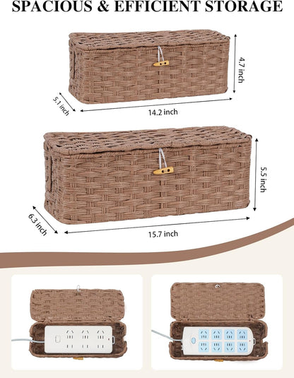 Temary Cable Management Box with Lids, 2-Pack Handmade Cable Organizer Boxes for Home, Office to Hide Cords and Power Strip, Cord Cover Floor Hider Set Woven Rattan Cable Organizer Box (Brown)
