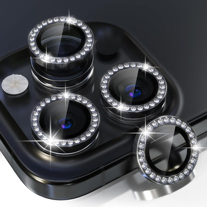 Choiche Compatible for iPhone 15 Pro/iPhone 15 Pro Max Camera Lens Protector Bling, 9H Tempered Glass Camera Cover Screen Protector Metal Ring Decoration Accessories (Diamond-Black)