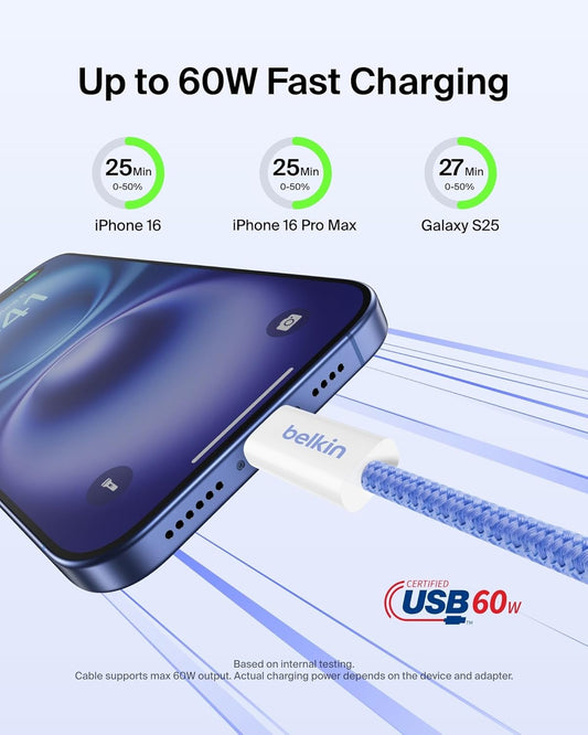 Belkin USB C to USB C Cable 2-Pack, 9.9ft, 60W - Type C Charger, iPhone Charger Cord, Soft, Braided, Flexible for iPhone 16, Galaxy S25, Pixel 9, Airpods, iPad Pro & More, Travel Essentials - Blue