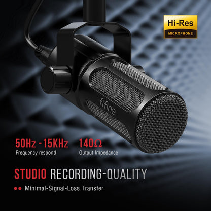 FIFINE XLR Dynamic Microphone, Studio Vocal Mic for Recording, All Metal XLR Podcast Microphone with Mid-Boost, Low-Cut Filter for Voice-Over, Compatible with Mixer/Audio Interface-AmpliTank TANK1
