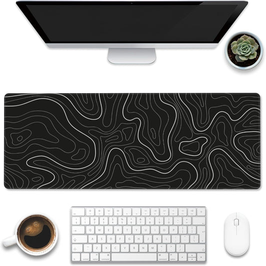 Desk Mat,Black Topographic Contour Map Desk Pad,Topographic Contour Large Gaming Mouse Pad for Desk,Extended Big Computer Keyboard Mouse Pad with Non-Slip Base and Stitched Edge,31.5"x11.8"