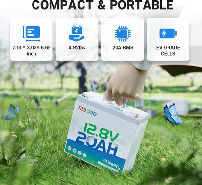 Redodo 12V 20Ah LiFePO4 Battery, 4000+ Deep Cycles Lithium Battery with 20A BMS, 256Wh Energy, Very Suitable For Outdoor Camping, Lighting, Fishing and More