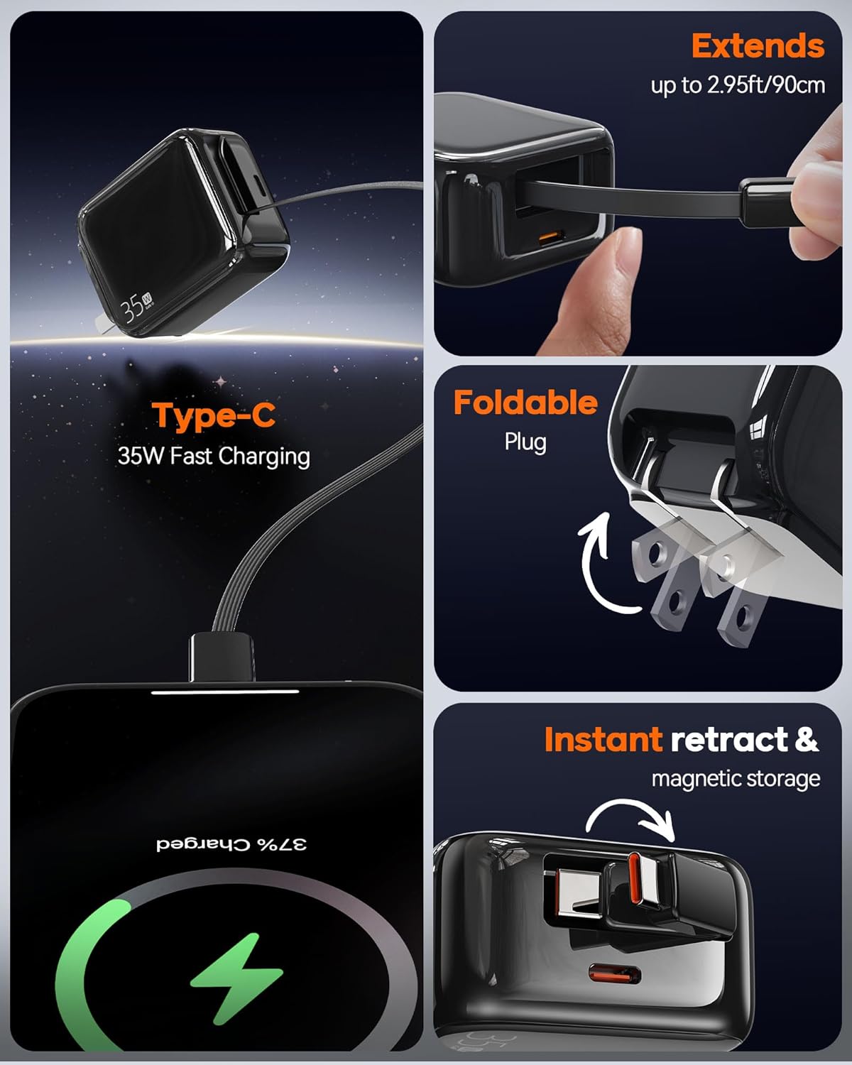 Retractable Wall Charger, 35W Fast USB C Charger Block with Extendable Type C Charing Cable for iPhone 16 15 Galaxy S25 24, Portable Retractable Charging Plug for Home Kitchen Office Travel