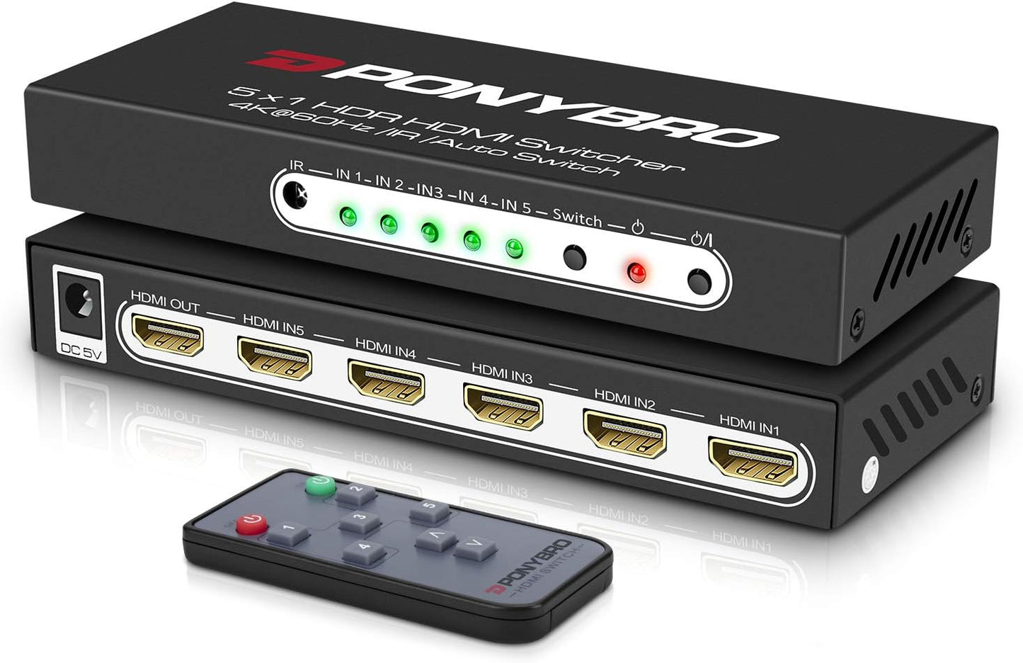HDMI 2.0 Switch 5 Port 4K@60Hz Auto-Switching – 5 in 1 Out with Remote, HDR10, 3D, Ultra HD for PS5/Xbox/PC/Fire TV, Zero Delay
