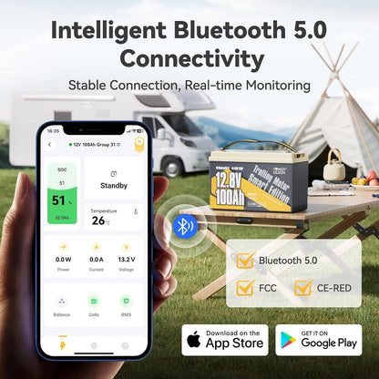Power Queen 12V 100Ah Group 31 LiFePO4 Battery Bluetooth 5.0, Deep Cycle LiFePO4 Battery Max. Output Power 1280W, 100A BMS with Low-Temp Cut-off Protection for RV, Trolling Motors, Solar System