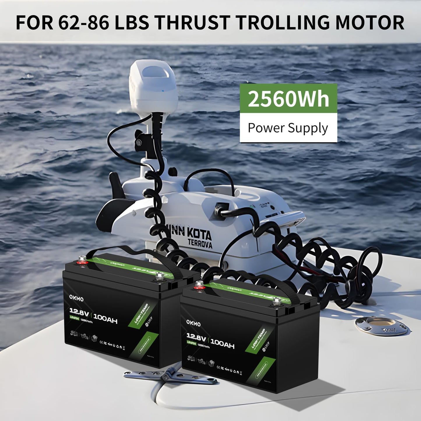 OKMO 12V 100Ah LiFePO4 Battery(2 Pack), Lithium Battery 100A BMS, 10 Years Lifetime 15000+ Deep Cycles,for Marine, RV, Trolling Motor, Boat, Camper, Solar Home Iron Phosphate