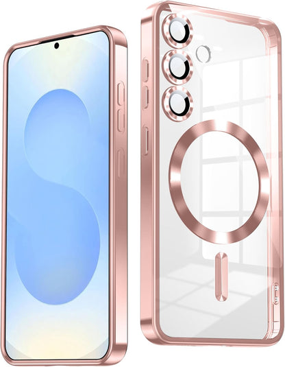 Slim Thin for Samsung Galaxy S25 Plus Case, Compatible with MagSafe, Built-in Camera Lens Protector, Shockproof Protective Phone Case, Soft Electroplated Clear Cover, Rose Gold