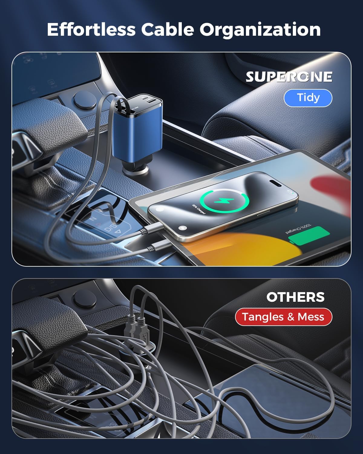 [2024 Upgraded] 4 in 1 Retractable Car Charger, SUPERONE Smaller Fast Car Phone Charger 69W with Cord, USB C and iPhone Car Charger Adapter, Compatible iPhone 15/15 Pro Max/14/13/12/11, Sumsung