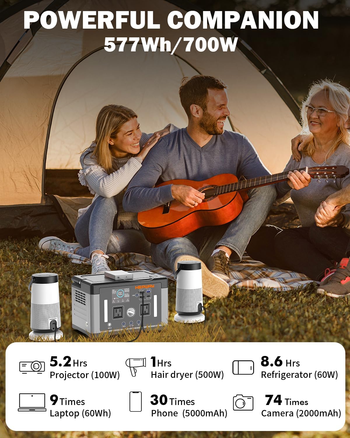 Portable Power Station 700W,577Wh Solar Generator Surge 1000W Pure Sine Wave 120V AC DC Outlets,Battery Powered Generator Home Backup Battery for CPAP,Home Emergencies,Camping,RVs,Blackout