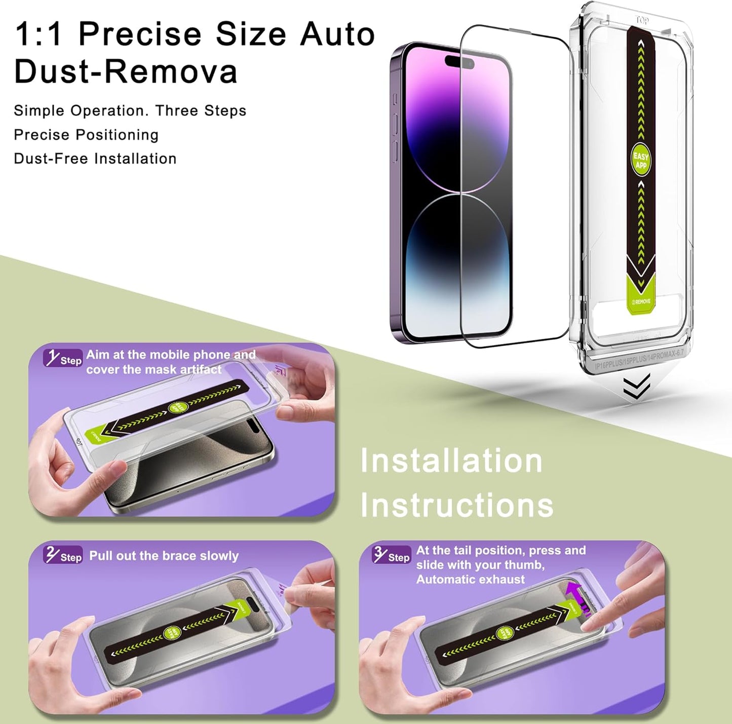 [2-Pack Ultra HD Clear Screen Protector for iPhone 14 Pro Max/15 Plus/16 Plus (6.7-Inch),9H Tempered Glass,Full Coverage,Anti-Fingerprint,Auto Dust Removal,Bubble-Free,Easy Installation