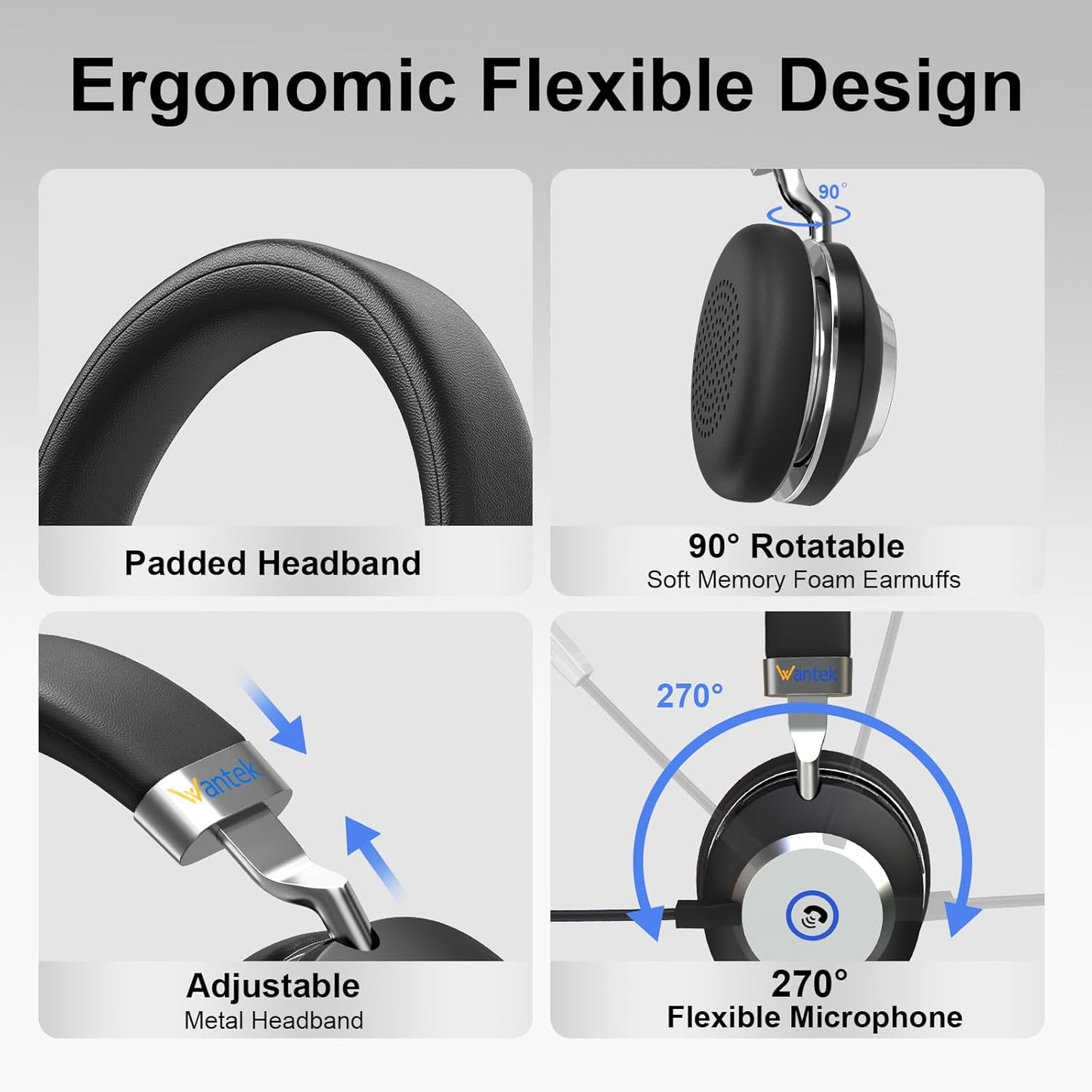 Wantek Wireless Headset with Microphone for PC/Laptop,USB Dongle&Noise Cancelling Mic, Bluetooth Headphones Compatible with Windows, MacOS, iOS, iPadOS, Android