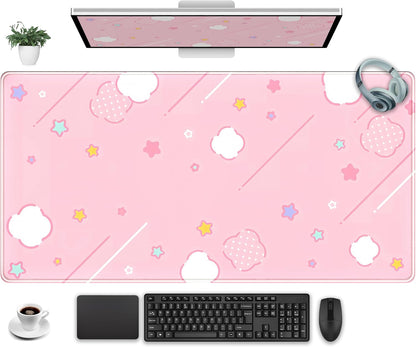 Pink Mouse Pad Large Desk Mat Gaming, Kawaii Desk Pads Stars Mouse Mat XXL Cute Keyboard Pad, Laptop Computer Mat with Non-Slip Base & Stitched Edges, Office Decor for Women 31.5" x 15.7"