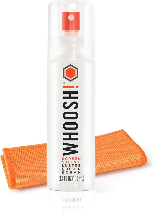 WHOOSH! Screen Shine Go XL - 3.4 fl oz with Microfiber Cloth - Powerful Streak-Free Screen Cleaner Spray and Wipe for MacBook, Laptop, Car, Eyeglasses & Phone - Sleek Bottle for Home, Work or Travel