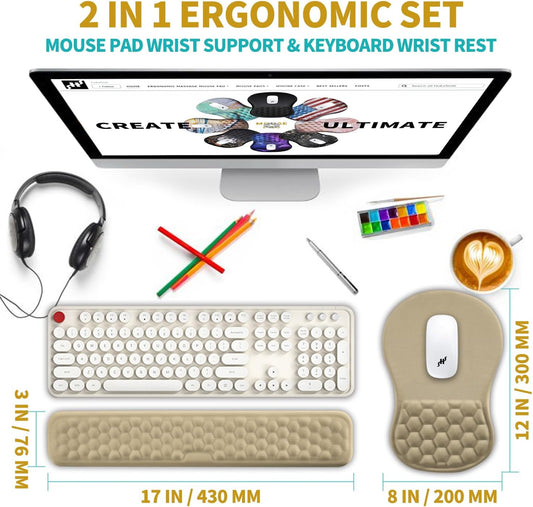 Hokafenle 2 in 1 Ergonomic Mouse Pad Wrist Support & Wrist Rest for Computer Keyboard Set, with Relieve Carpal Tunnel Pain Massage Bulge and Full Memory Gel Design (2In1 Set, Beige)