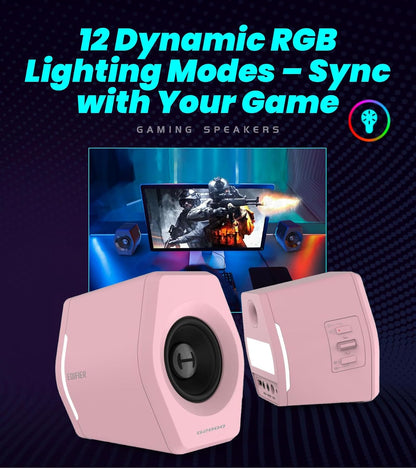 Edifier Hecate RGB Gaming Speakers, 32W Peak Power, Bluetooth 5.1, Game/Movie/Music Modes, 12 RGB Lighting Effects, Compact Design for PC/PS4/Desktop - Pink