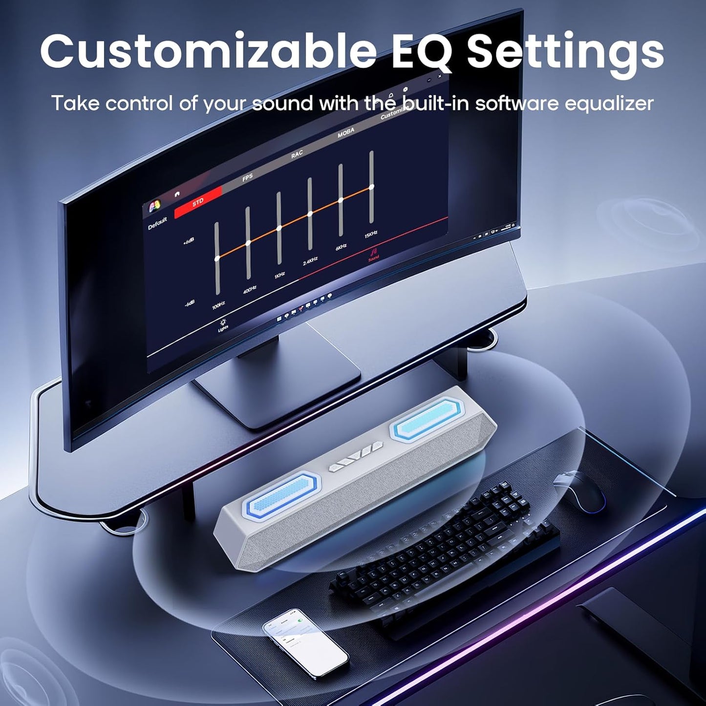 Deeyaple Computer Speakers, 40W Wireless Soundbar for Desktop PC with Bluetooth 5.3 & USB Audio, Dynamic RGB Lighting, Software Custom EQ, External Power Adapter Gaming Speakers, Laptop, Xbox White