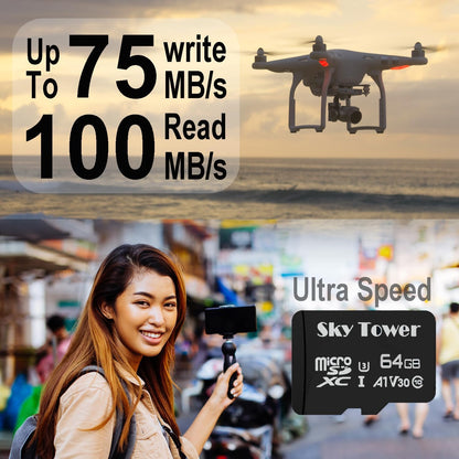 Sky Tower Ultra microSDXC microSDHC UHS-I Memory Card with Adapter [New Version] Flash Memory Card - Up to 100MB/s, U1, Class10, V10, A1, High Speed TF Card (64GB Micro SD Card 2 Pack)