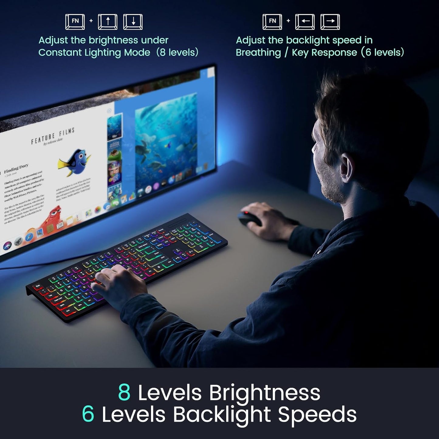 Wired Backlit Keyboard, Lighted Computer Keyboard with 8° Adjustable Stand, Ergonomic Design, Spill-Proof Keys, 5ft Cable, Compatible with Windows & Mac