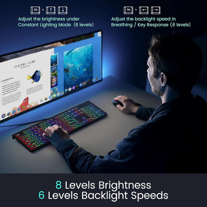 Wired Backlit Keyboard, Lighted Computer Keyboard with 8° Adjustable Stand, Ergonomic Design, Spill-Proof Keys, 5ft Cable, Compatible with Windows & Mac