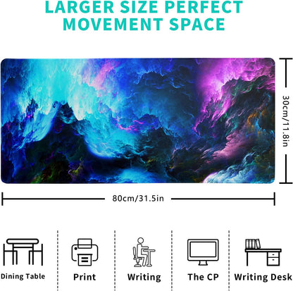 Dazzling Galaxy Gaming Mouse Pad 31.5x11.8 Inch Blue Purple Galaxy Nebula Universe Space Large Mousepad Non-Slip Rubber Base Stitched Edges Keyboard Mouse Mat Desk Pad for Office Home and Game