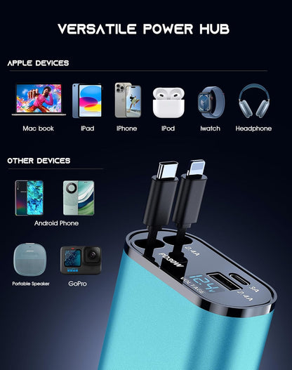 Retractable Car Phone Charger, 4 in 1 Fast Charge Car Phone Charger with 2 Retractable Cables(2.6ft) and 2 USB Ports, Compatible with iPhone15/14/15 Pro Max,Samsung (Light Blue)