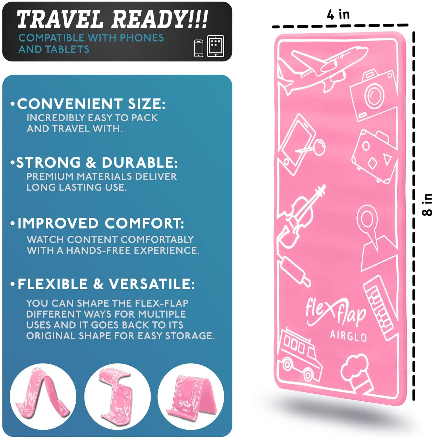 Airplane Travel Essentials for Flying Flex Flap Cell Phone Holder & Flexible Tablet Stand for Desk, Bed, Treadmill, Home & in-Flight Airplane Travel Accessories - Travel Must Haves Gadgets (Pro Pink)