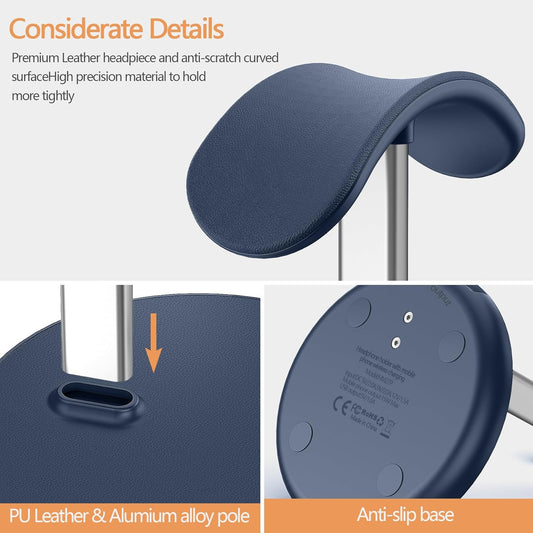Headphone Stand with Wireless Charger, Gaming Headset Holder Hanger Rack 2 in 1 Wireless Charging Station Dock for iPhone 15/14/13/12/11 Series, Samsung, AirPods Pro/3/2, Aluminum Alloy Rod, Navy Blue