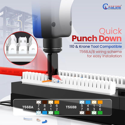NewYork Cables 24 Port Cat6 Patch Panel – 10Gb Ethernet, 1U Rackmount 19-Inch, T568A/B Color-Coded Labels, Unshielded, 110/Krone Compatible, Black