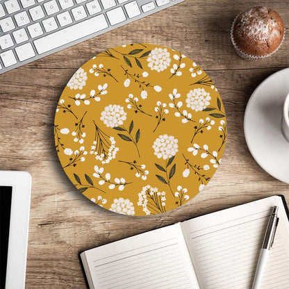 Round Mouse Pad, Cute Floral Mouse Pad with Design, Computer Mouse Mat, Non-Slip Rubber Base Mousepad, Waterproof Women Office Mouse Pads, Yellow Flowers