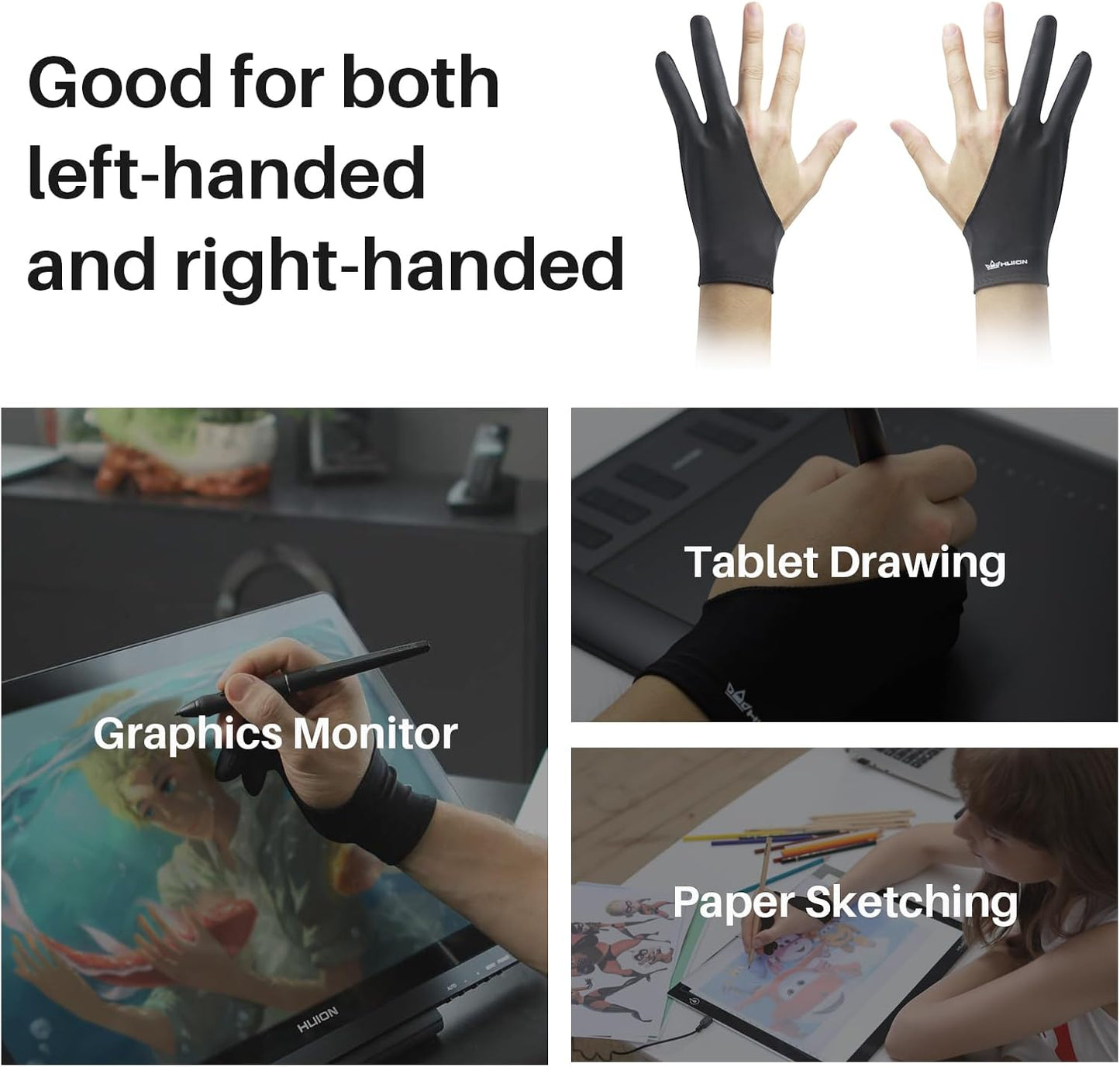 HUION Palm Rejection Artist Glove Two-Finger Glove for Graphic Drawing Tablet iPad Monitor Painting, Paper Sketching, Good for Left and Right Hand