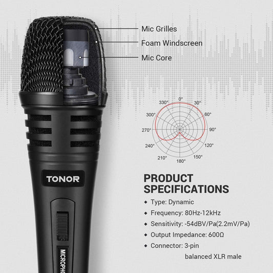 TONOR K1 Vocal Microphone for Singing, Dynamic Handheld Wired Karaoke Mic, Microfono with 5M XLR to 1/4" Cable, Compatible with Amp, Mixer, Suitable for Speech, Karaoke and Outdoor Activities