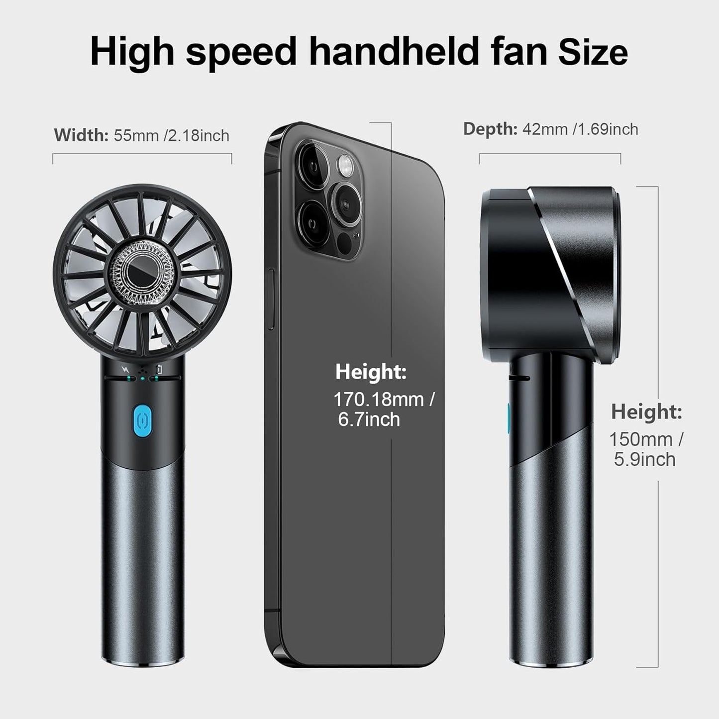 Handheld Fan, Mini Small Portable Turbo Fan, Rechargeable with 4 High Speeds Personal Fans, Max 16H Runtime, For Travel, Office, Outdoor - Grey