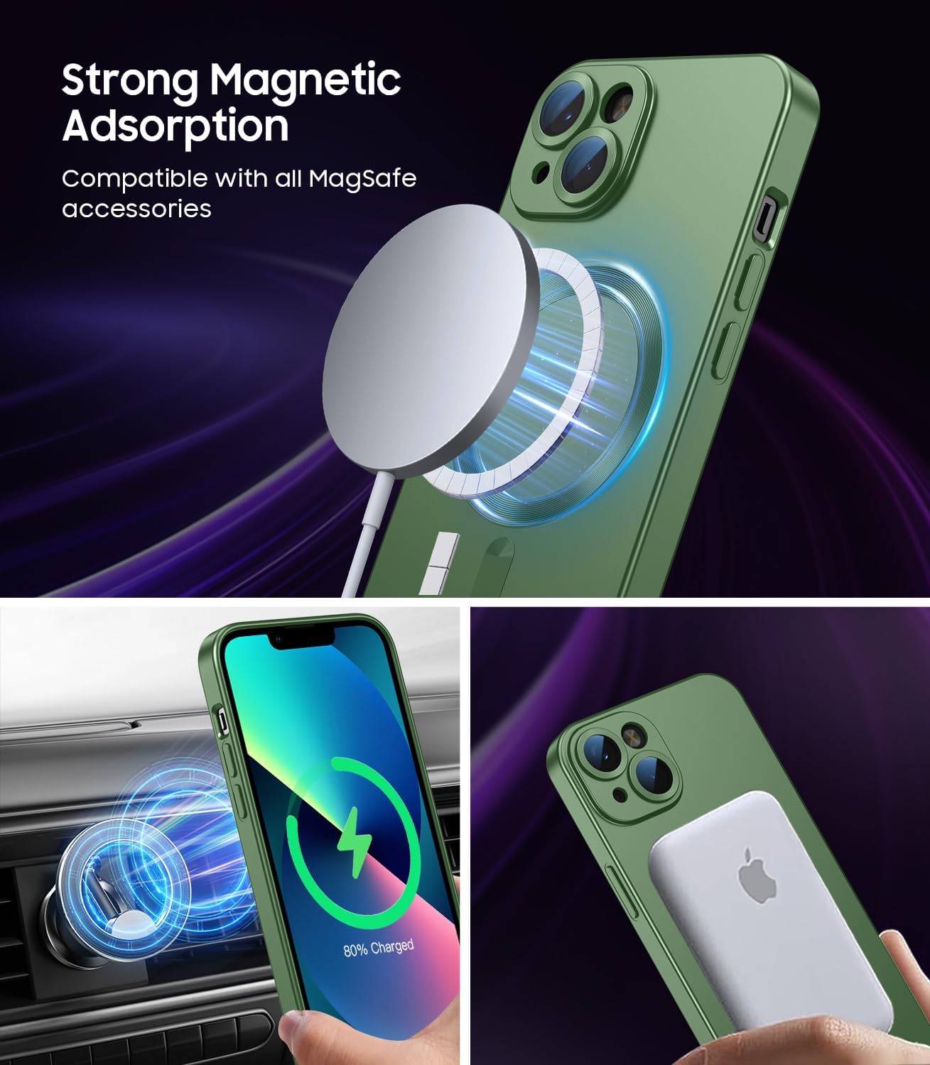 Magnetic for iPhone 13 Case [Compatible with MagSafe][Built-in Camera Lens Protector] Slim Soft Silicone Bumper Shockproof Metallic Luster Phone Case (Green)