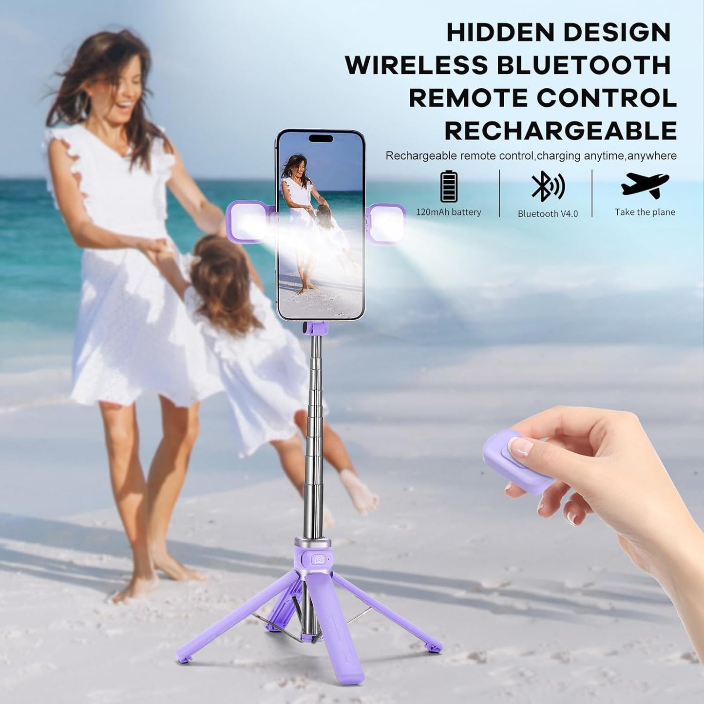 MQOUNY Mini iPhone Tripod Stand & Selfie Stick with Wireless Remote & Removable Light, Extendable Stand 360 Rotation Compatible with iPhone & Android Samsung (Purple)
