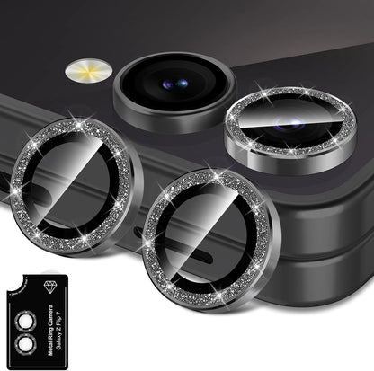 for Samsung Galaxy Z Flip 7 Camera Lens Protector, Individual Metal Ring Tempered Glass Lens Cover, [Strong Adsorption] Scratch Resistant Ultra-Thin HD Clear Lens Cover, 1 Set-Black Sparkly