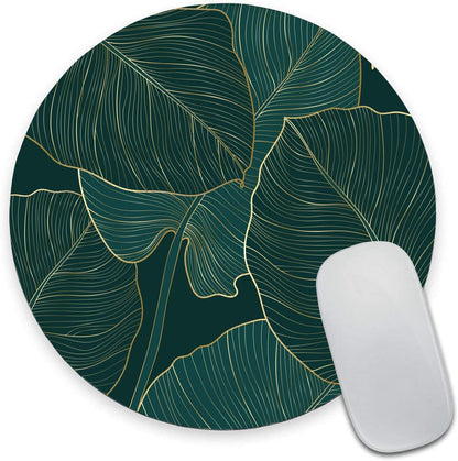 Mouse Pad, Round Computer Mouse Mat with Design, Non-Slip Rubber Base Small Mousepad, Waterproof Office Mouse Pads, Green Tropical Leaves