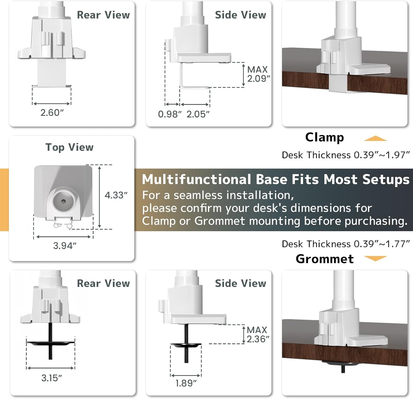 Monitor-Arm Ultrawide Heavy Duty 24-57'' - Aluminum Single Monitor Mount Holds up to 59.4lbs, Adjustable Desk Mount Stand, VESA75/100/200mm, White