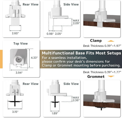 Monitor-Arm Ultrawide Heavy Duty 24-57'' - Aluminum Single Monitor Mount Holds up to 59.4lbs, Adjustable Desk Mount Stand, VESA75/100/200mm, White