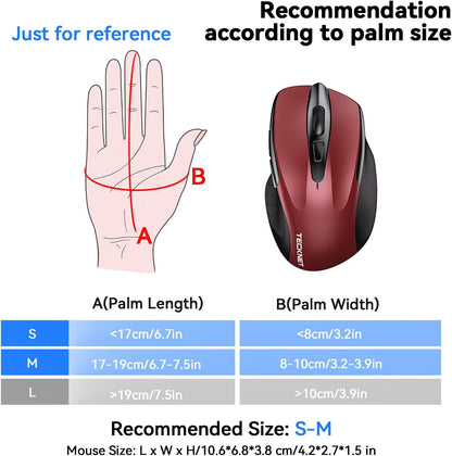 TECKNET Rechargeable Jiggler Wireless Mouse (BT5.0/3.0 & 2.4G) 4800 DPI Silent USB A & Bluetooth Mouse 6 Buttons, Wide Compatibility - Red