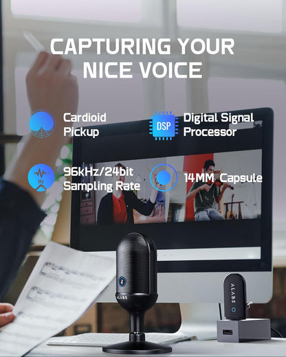 ALABS USB Wireless Cardioid Condenser Microphone for Podcast,Gaming and Home Office,100ft Signal Transmission Distance,Streaming Mic with LED Quick Mute Indicator and Noise Cancelling for PC,Mac