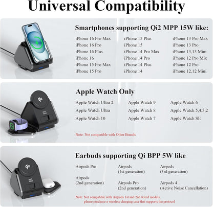 3 in 1 Charging Station, Mag Safe Wireless Charger Stand, Qi2 Certified, 15W Multiple Device Magnetic Charging Station for iPhone 16,15,14,13,12 Series, Apple Watch, AirPods (USB-C Charger Included)