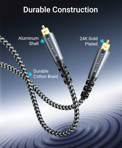 BlueRigger Digital Optical Audio Cable (10FT, Toslink Cable for Soundbar, Braided Fiber Optic, S/PDIF, Metal Shell) - Compatible with HomeTheatre, TV, Game Console (PS4, Xbox), DVR