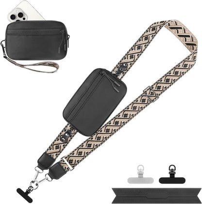 Clip and Go Strap for Phone with Wallet Crossbody, Adjustable Phone Lanyard with Detachable RFID Wristlet Wallet, Pattern Strap - Black (L)