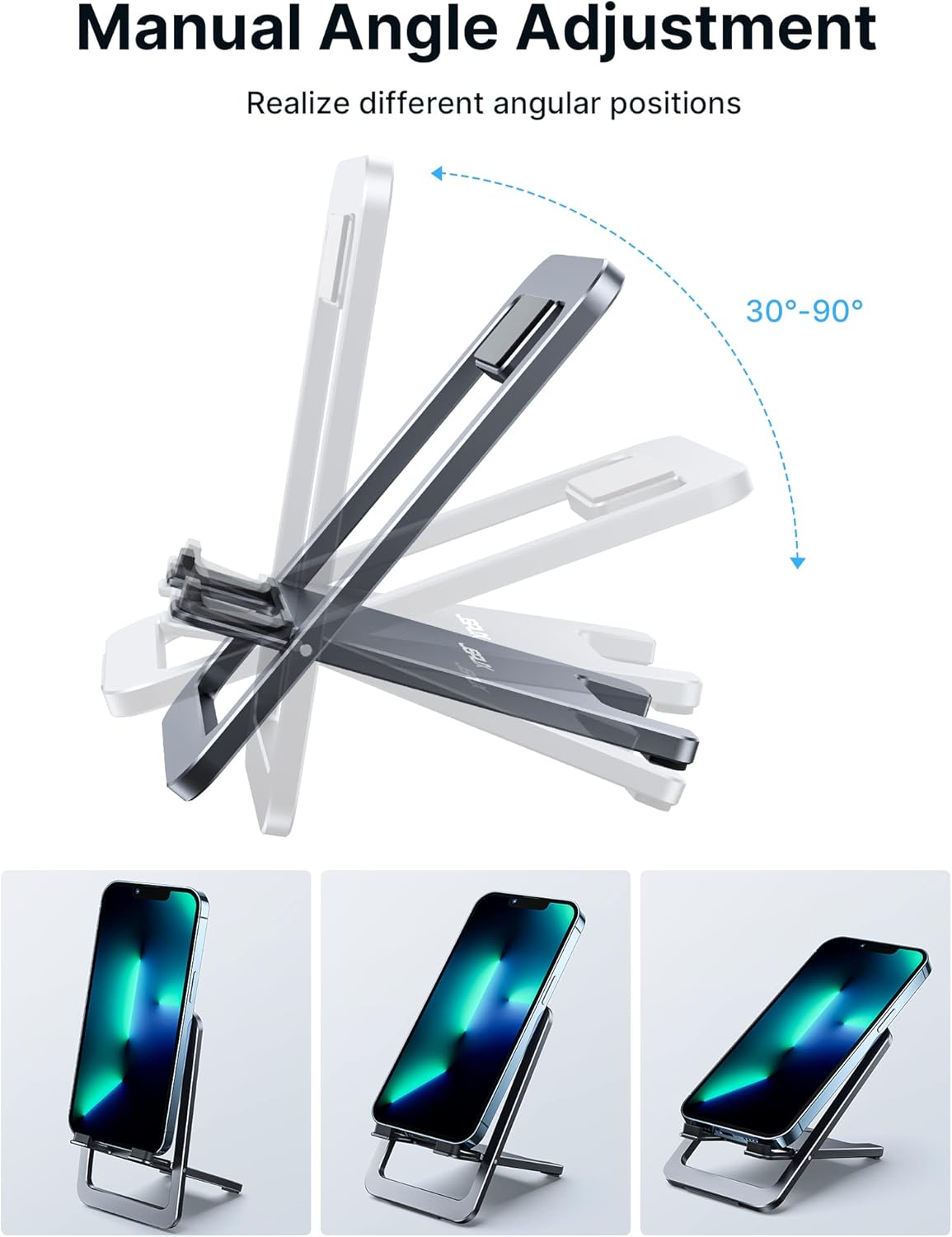 JSAUX Cell Phone Stand [2-Pack] Foldable Aluminum Adjustable Phone Holder for Desk Portable Travel Holder Office Desk Accessories Compatible with iPhone 15 14 13 12 11 Pro Max X Samsung S24 S23 Grey